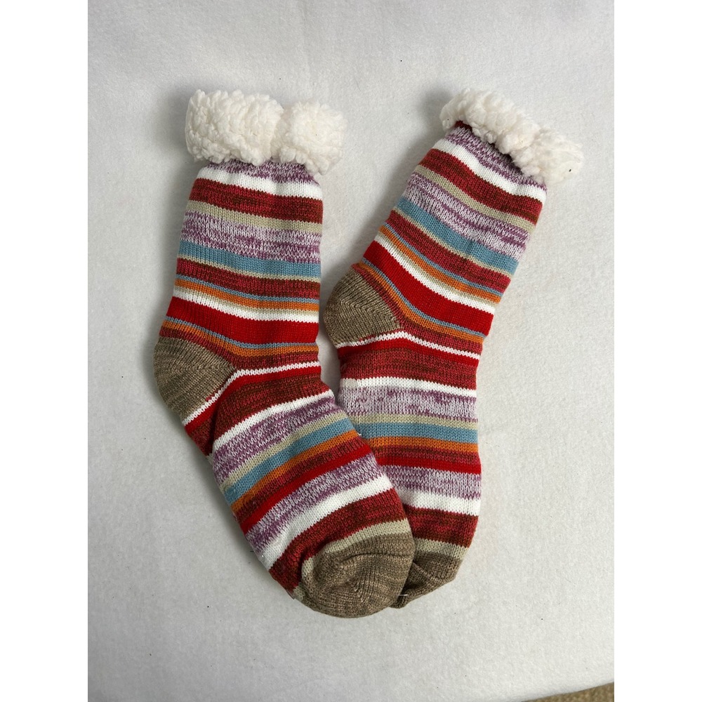 Cozy Cabin ABS Womens NWT Multicolor Striped Sherpa Lined Non Slip Slipper Socks
